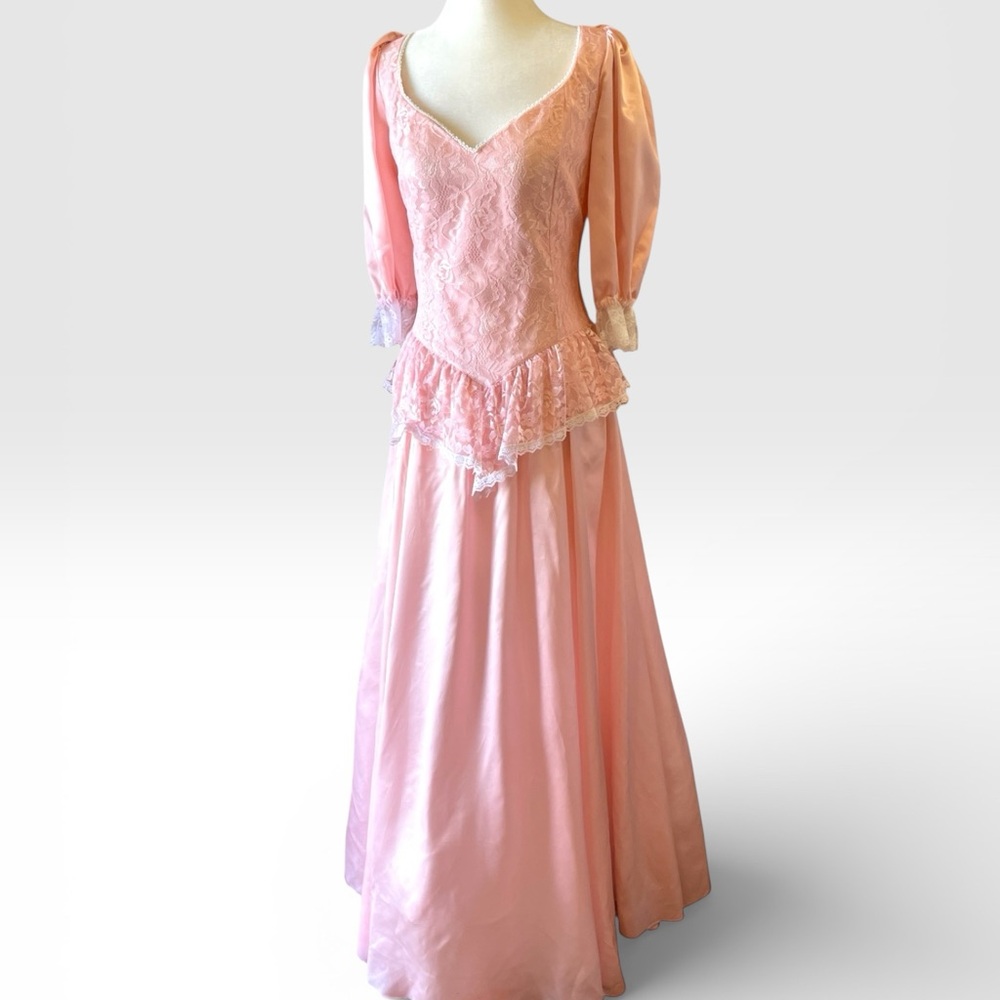 Gunne Sax Jessica McClintock 80s Vintage Prom Dress Pink Satin, Lace, Crinoline